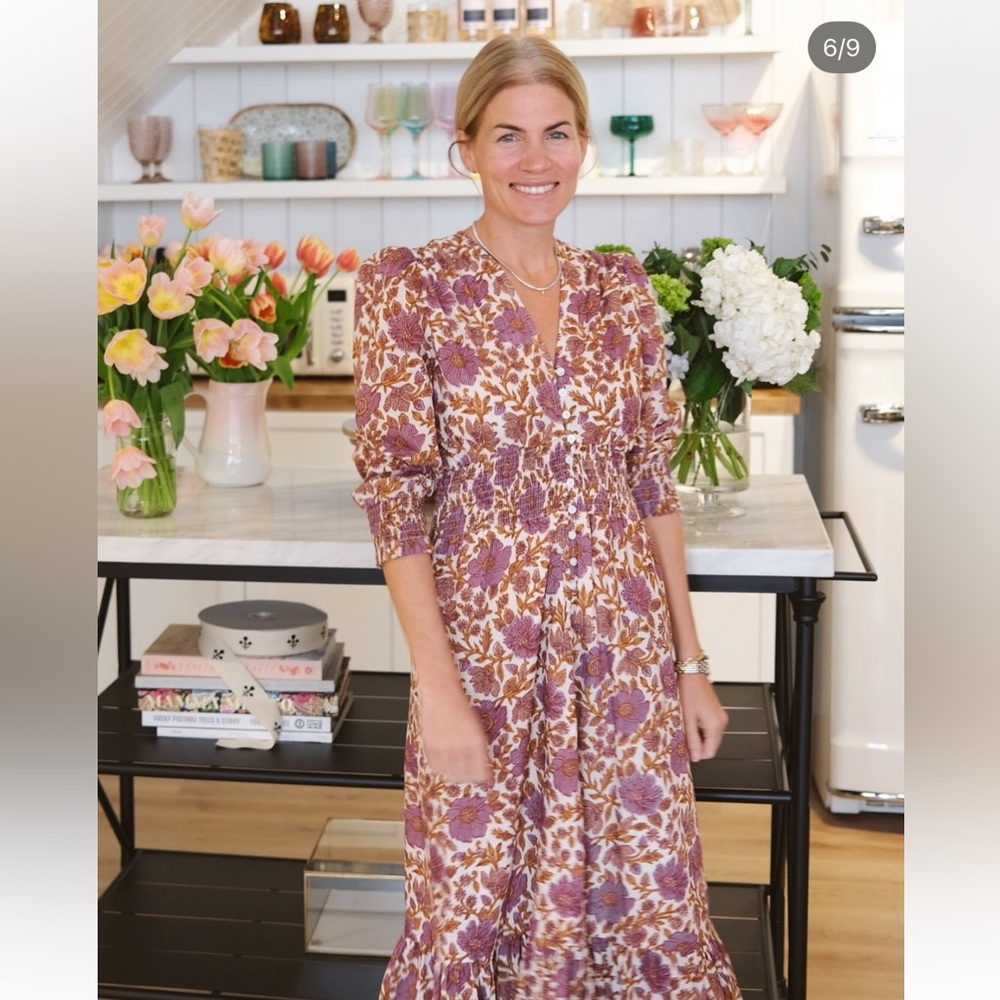 Smocked Waist Floral Maxi Dress in Mauve and Cream